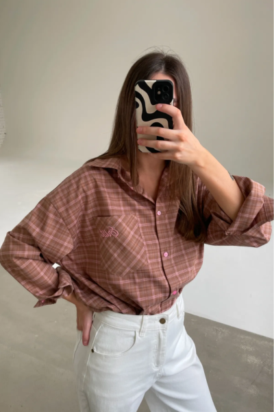 Рубашка в клетку с карманом Пыльная роза