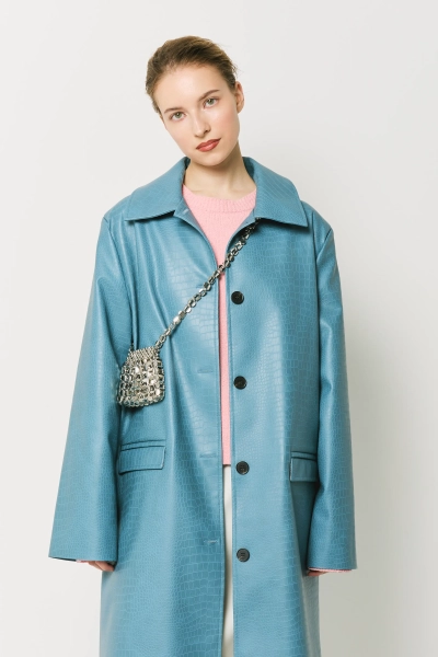 Тренч удлиненный из экокожи с эффектом тиснения Ricoco, цвет: синий, 7049/1 купить онлайн