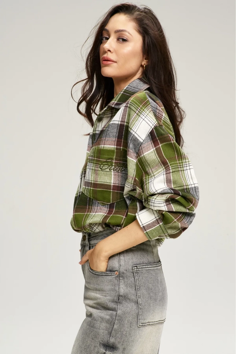 Рубашка в клетку с карманом Oversize Green