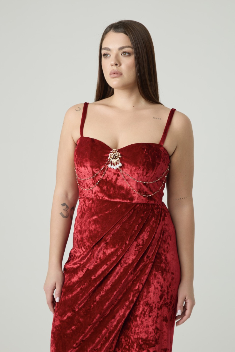 Платье из бархата макси с разрезом 4forms, цвет: красный, 65524 купить онлайн