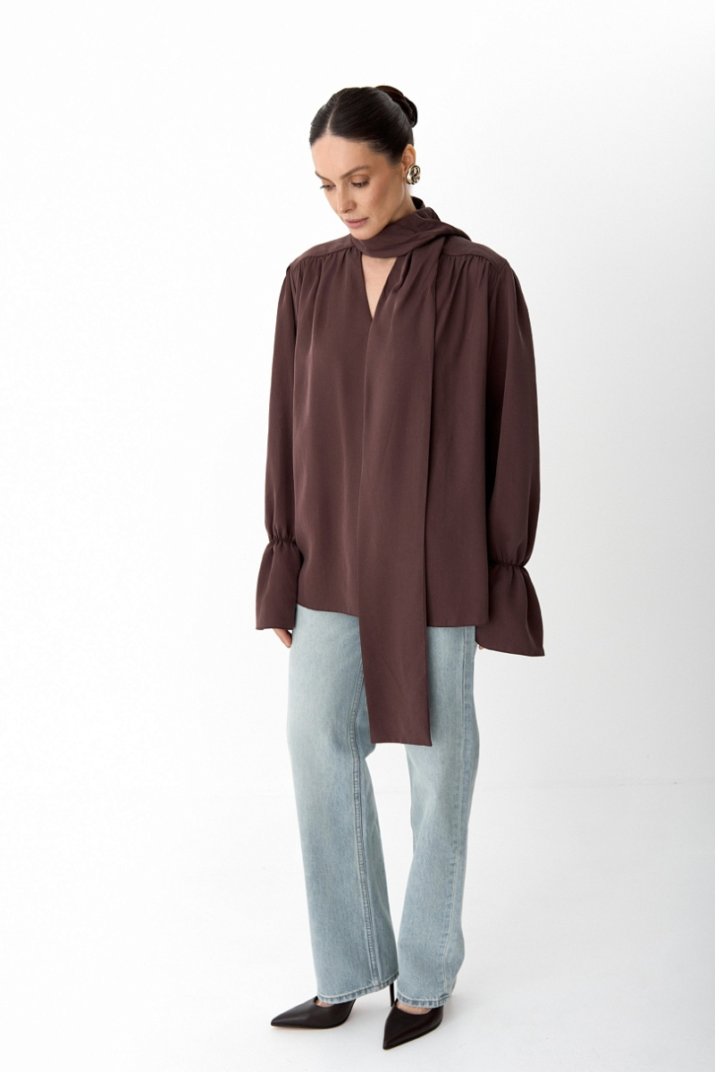 Блуза из 100% лиоцелла с бантом Ricoco, цвет: сливовый, 7001/2 купить онлайн