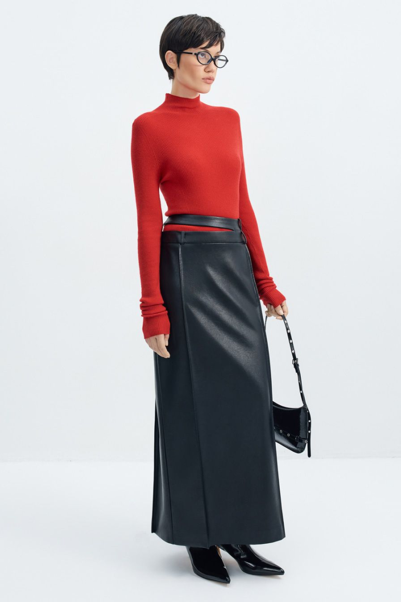 Юбка из экокожи с двойным поясом TOPTOP, цвет: Черный, TTS.072.16021.900 купить онлайн