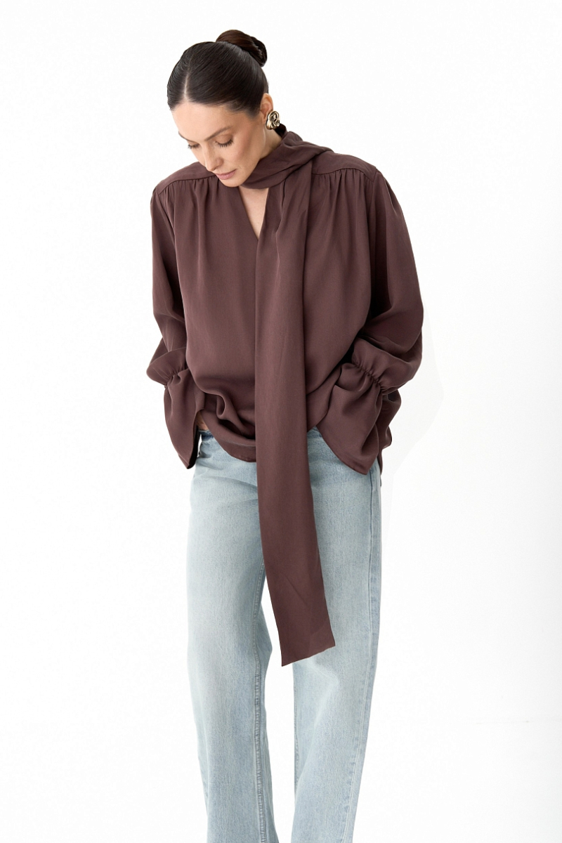 Блуза из 100% лиоцелла с бантом Ricoco, цвет: сливовый, 7001/2 купить онлайн