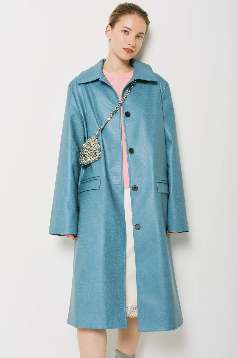 Тренч удлиненный из экокожи с эффектом тиснения Ricoco, цвет: синий, 7049/1 купить онлайн