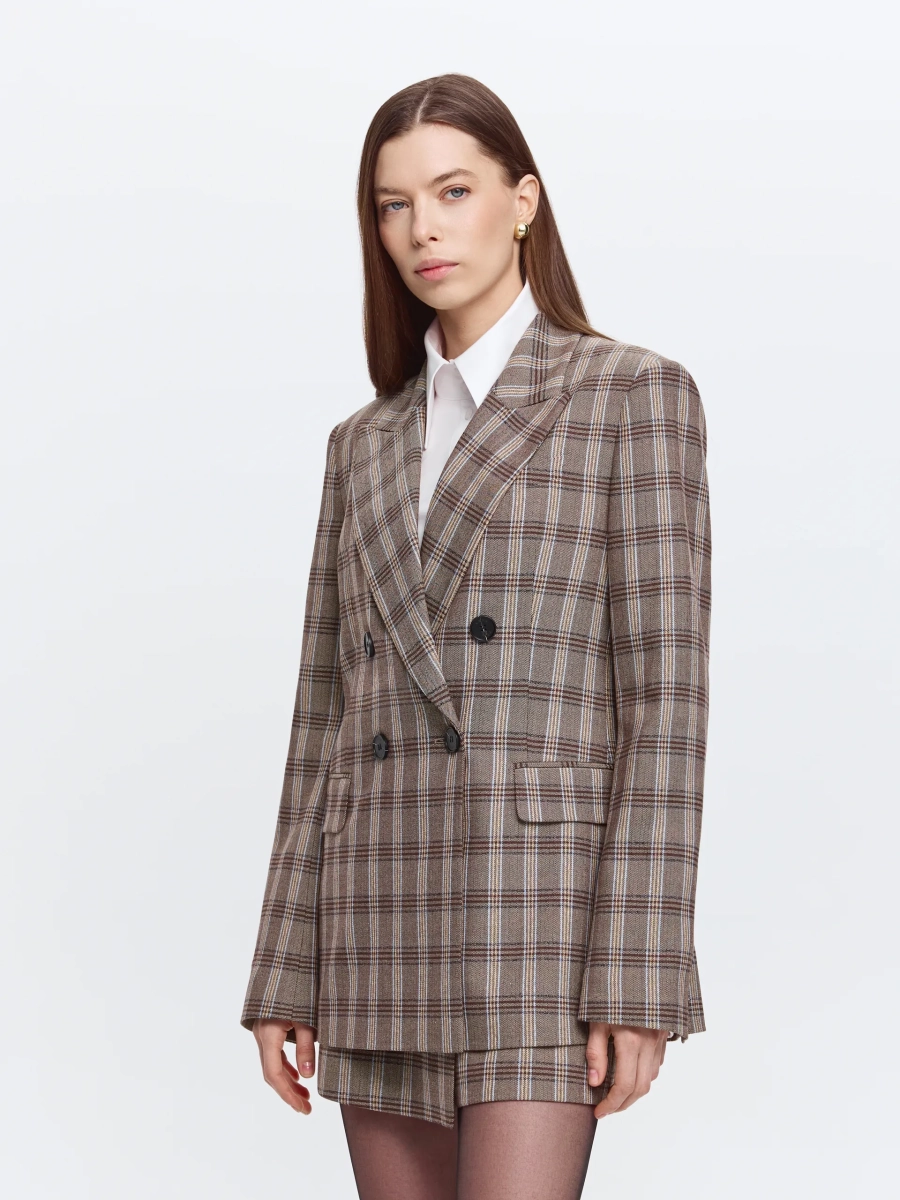 Двубортный жакет в клетку ANNA PEKUN, цвет: коричневый,  купить онлайн