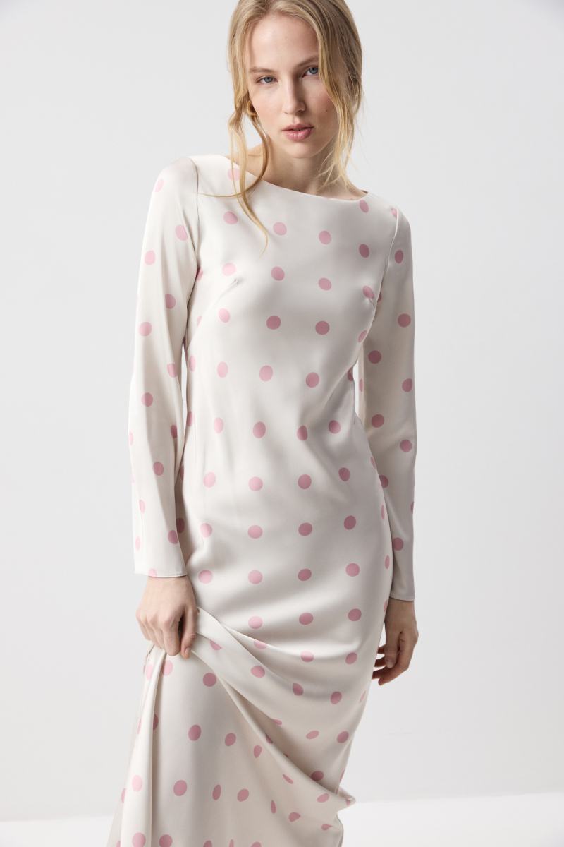 Платье из сатина с расклешенными рукавами Charmstore, цвет: розовый горох на молочном, 111-56260-1006 купить онлайн