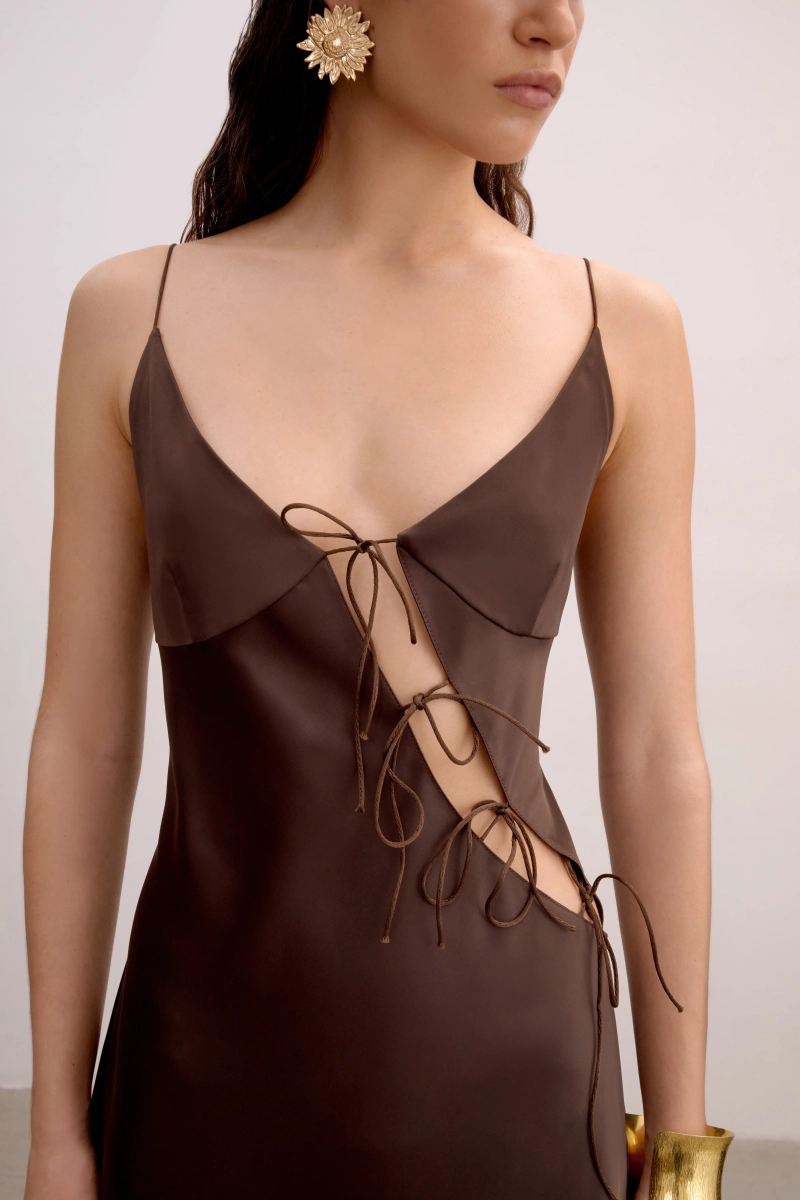 Платье с завязками из сатина Mollis, цвет: темно-коричневый, 18-09-4122/1 купить онлайн