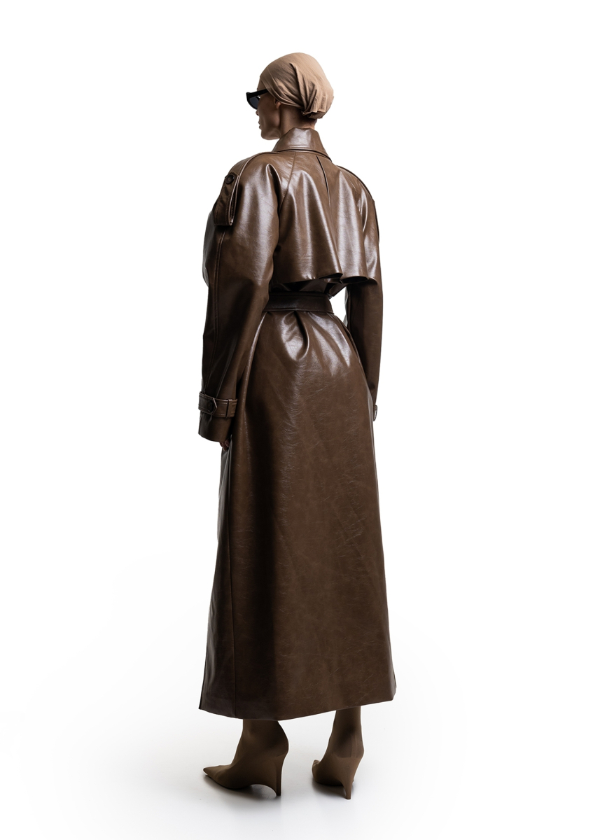 Тренч из эко-кожи макси ASYA SEMYONOVA, цвет: camel, 00-00002557 купить онлайн