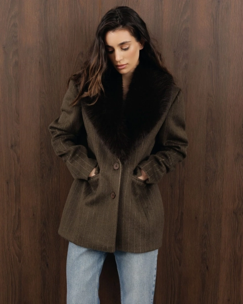Пальто с мехом YONSRU, цвет: коричневый,  купить онлайн