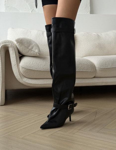 Сапоги высокие на каблуке с ремешками SBALO, цвет: Черный SN102 купить онлайн