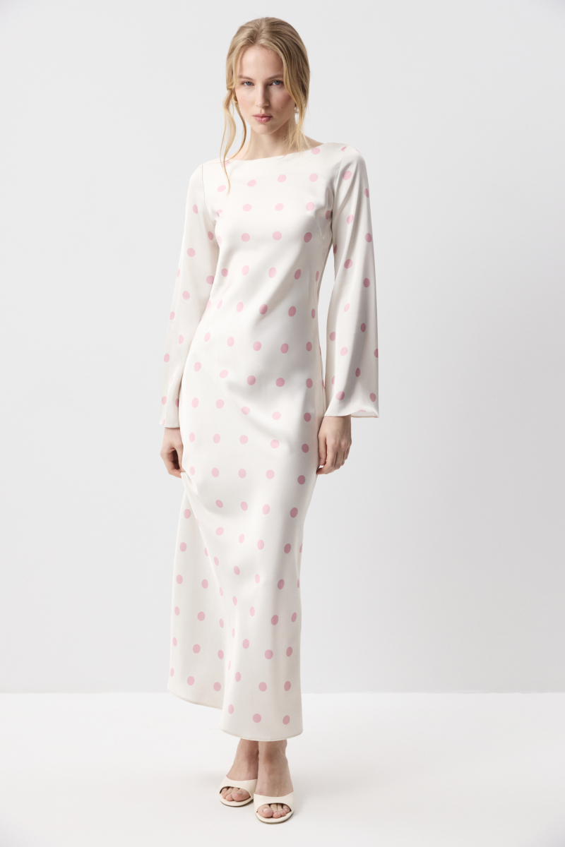 Платье из сатина с расклешенными рукавами Charmstore, цвет: розовый горох на молочном, 111-56260-1006 купить онлайн