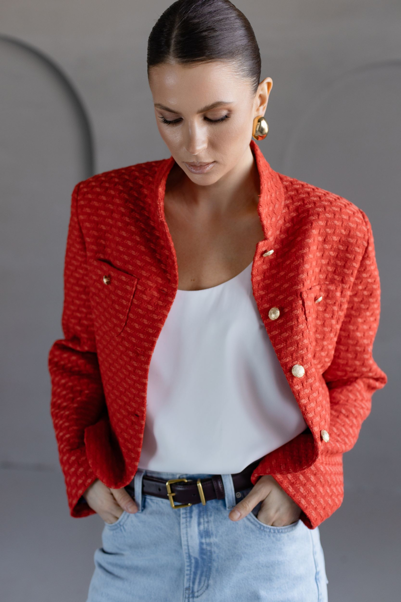 Жакет из твида укороченный со стойкой VLVT, цвет: красный, 00-00005378 купить онлайн