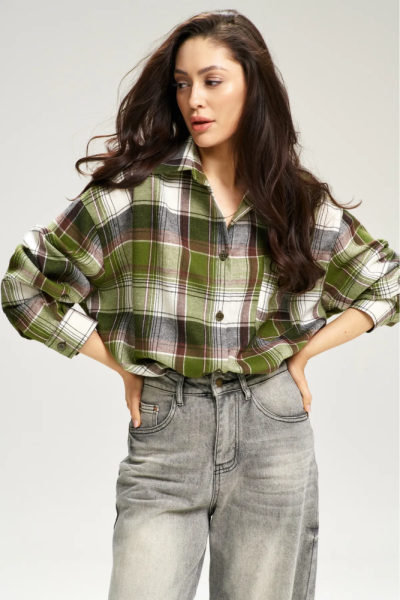 Рубашка в клетку с карманом Oversize Green