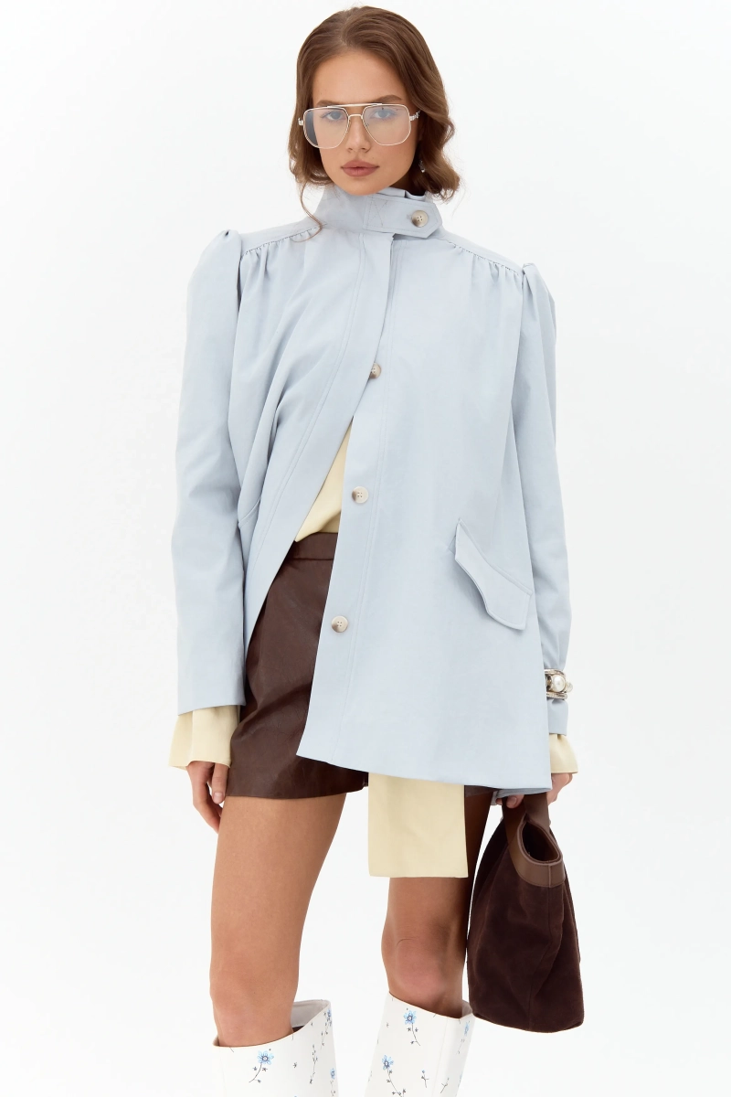 Тренч со сборками миди Ricoco, цвет: голубой, 7051/1 купить онлайн