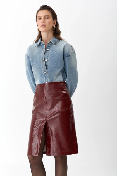 Юбка миди из лакированной экокожи Ricoco, цвет: ягодный, 6071/3 купить онлайн