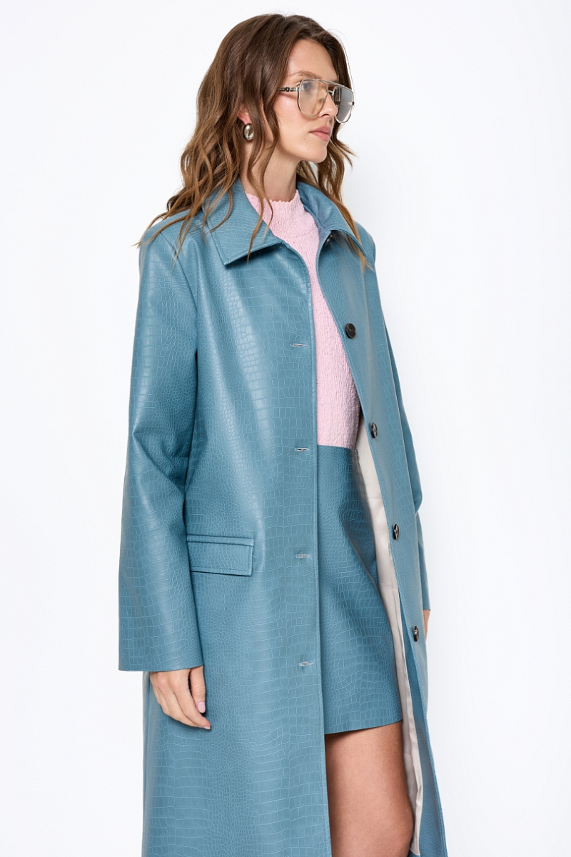 Тренч удлиненный из экокожи с эффектом тиснения Ricoco, цвет: синий, 7049/1 купить онлайн