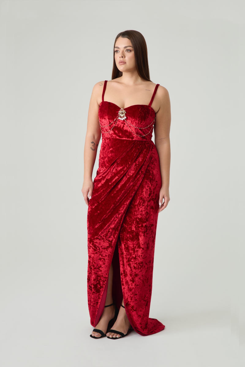 Платье из бархата макси с разрезом 4forms, цвет: красный, 65524 купить онлайн