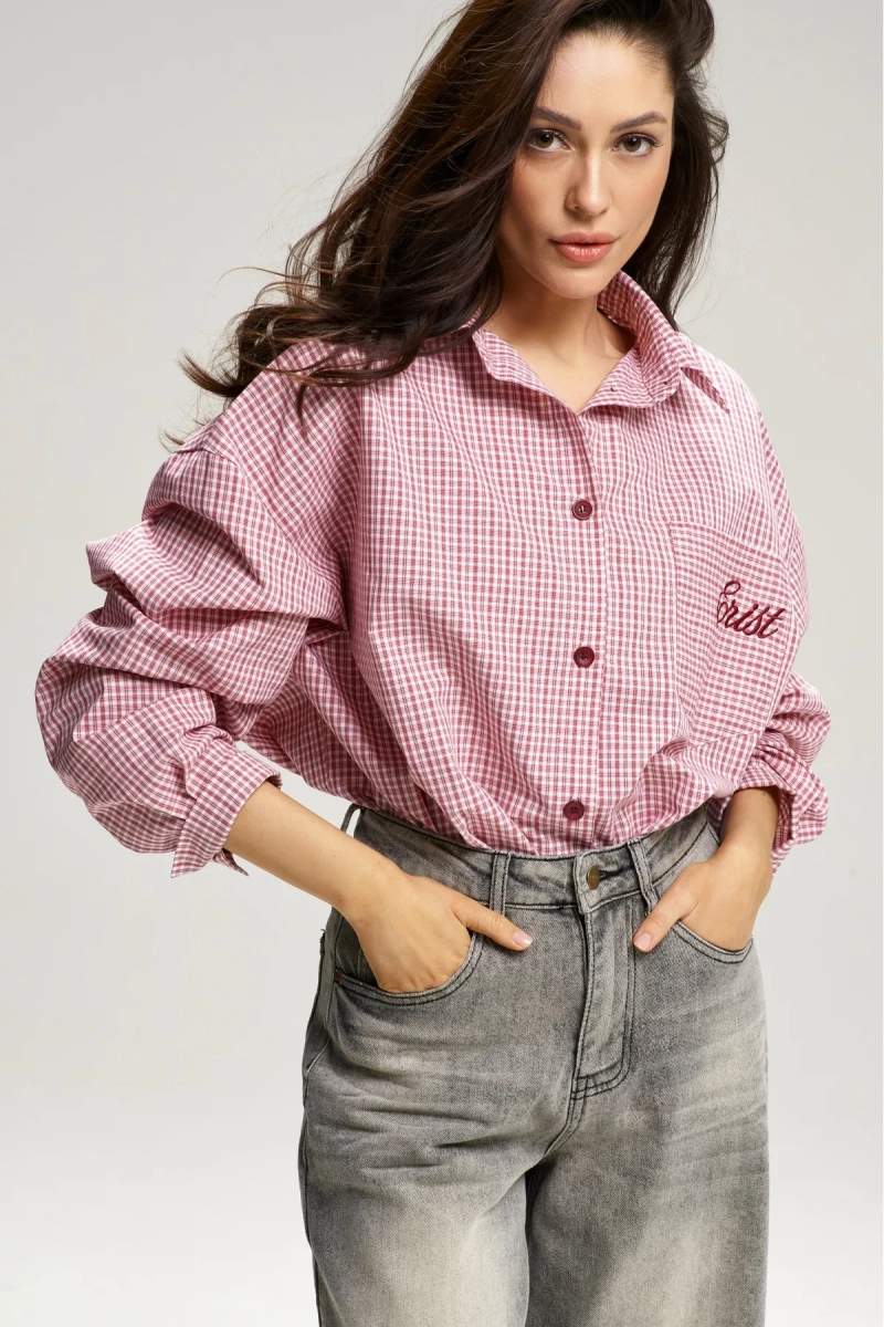 Рубашка в клетку с карманом Oversize Red