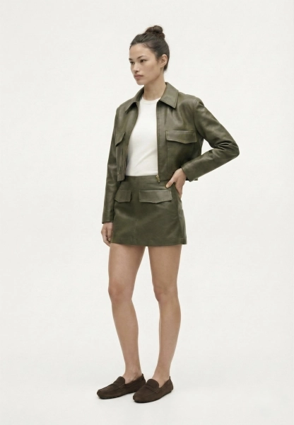 Куртка укороченная из экокожи с накладными карманами REFERT, цвет: хаки, 02-3682/1-2511 купить онлайн