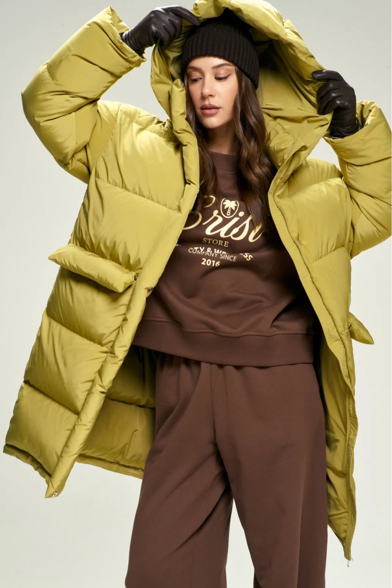 Пуховик удлиненный Olive Erist store, цвет: оливковый, НФ-00002829 купить онлайн