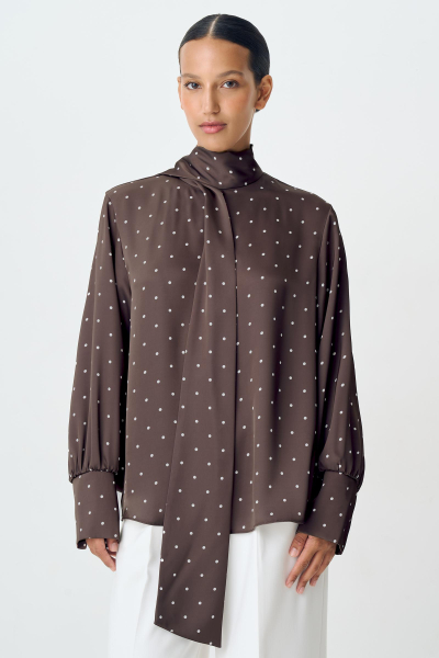 Блузка с бантом из сатина в горох Charmstore, цвет: шоколадный, 102-38939-551 купить онлайн
