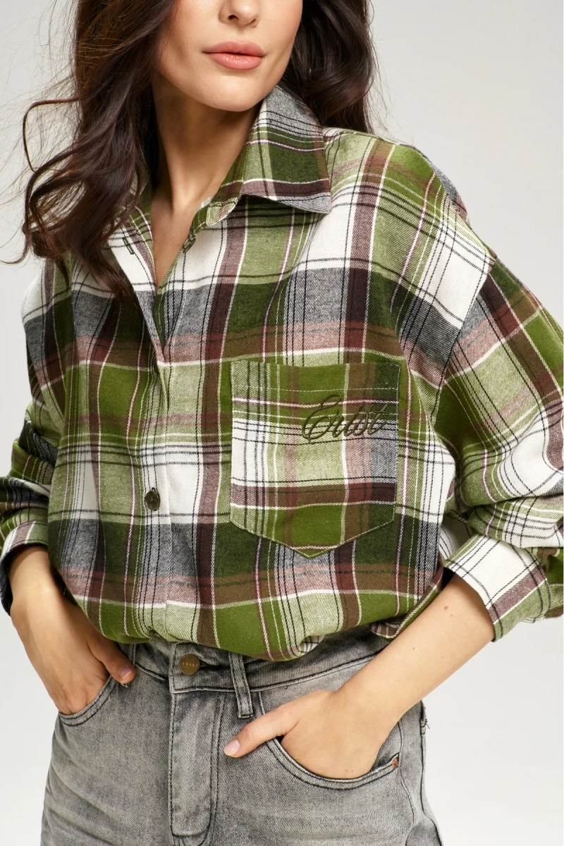 Рубашка в клетку с карманом Oversize Green