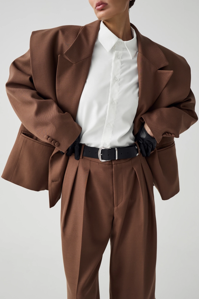 Шерстяной жакет с акцентными деталями Shtripling, цвет: коричневый, SHJKT003BRN купить онлайн