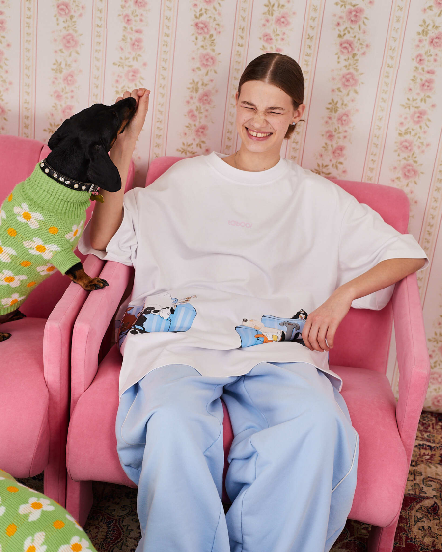 Футболка собаки на голубом диване