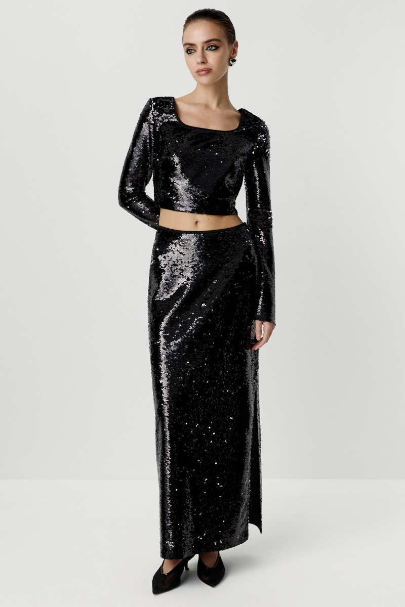 Топ укороченный из ткани с пайетками Charmstore, цвет: Черный, 102-28226-880 купить онлайн