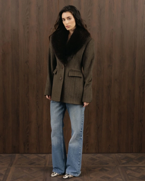 Пальто с мехом YONSRU, цвет: коричневый,  купить онлайн