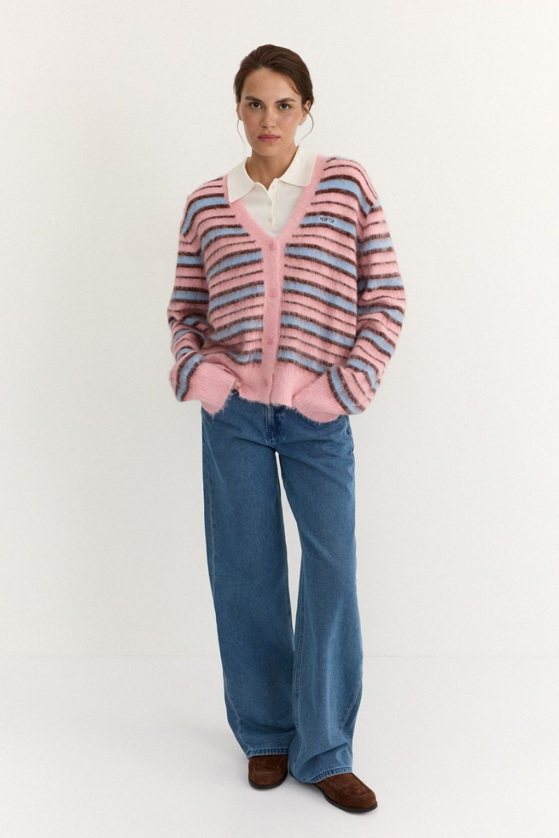 Пушистый кардиган с принтом «полоска» TOPTOP, цвет: розовый с принтом, TT.051.18371.301 купить онлайн