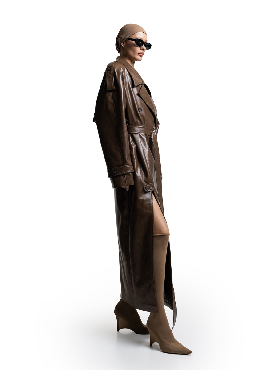 Тренч из эко-кожи макси ASYA SEMYONOVA, цвет: camel, 00-00002557 купить онлайн